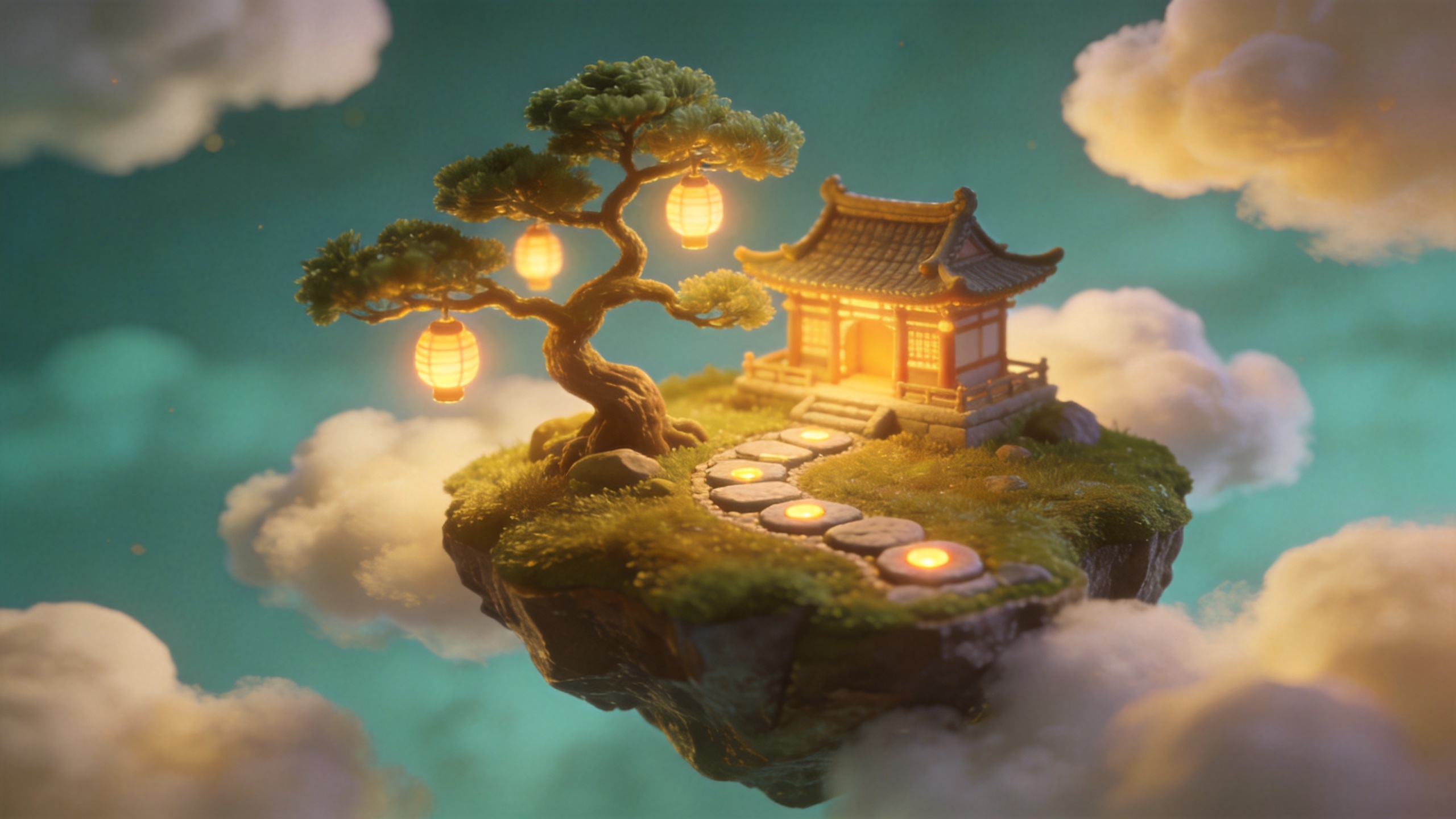 A floating island sanctuary with a bonsai tree, lanterns, and a koi pond